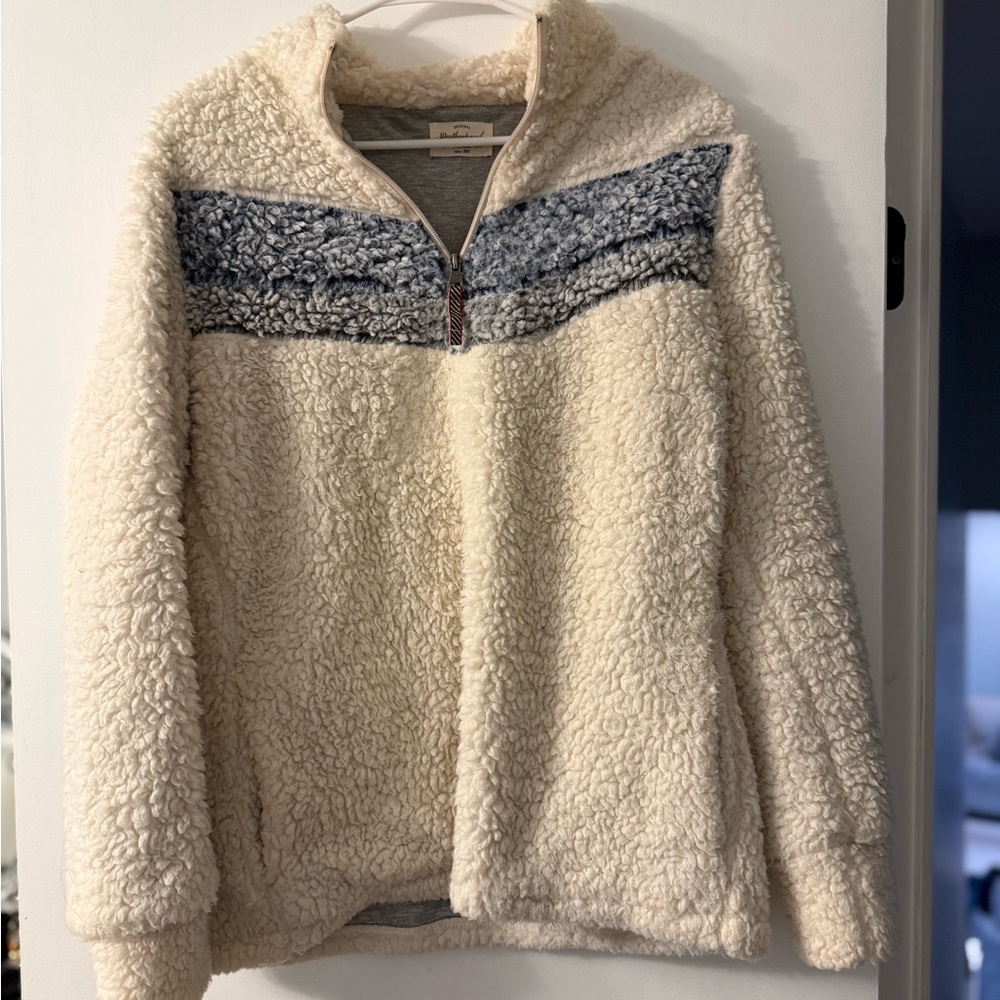 Weatherproof Vintage Sherpa Pullover – Cream & Blue – Cozy Fleece